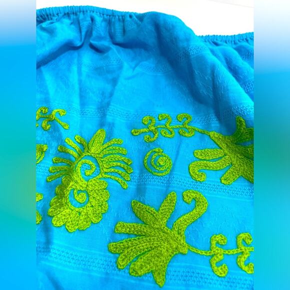 Debbie Katz South Beach Embroidered Turquoise Tunic with Fluted Sleeves Sz Large - Picture 4 of 10